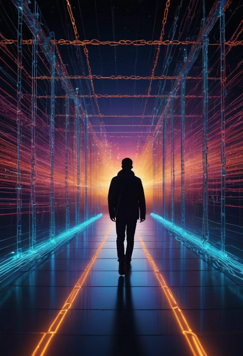 A digital landscape showcasing a person confidently bypassing barriers represented by traditional locks and chains, symbolizing internet restrictions, while surrounded by vibrant virtual shields of security and privacy. The background features abstract representations of global connectivity with glowing lines connecting various continents. Bold graphical elements conveying speed and safety should be included, creating a dynamic vibe. super-realistic. vibrant colors. futuristic technology.