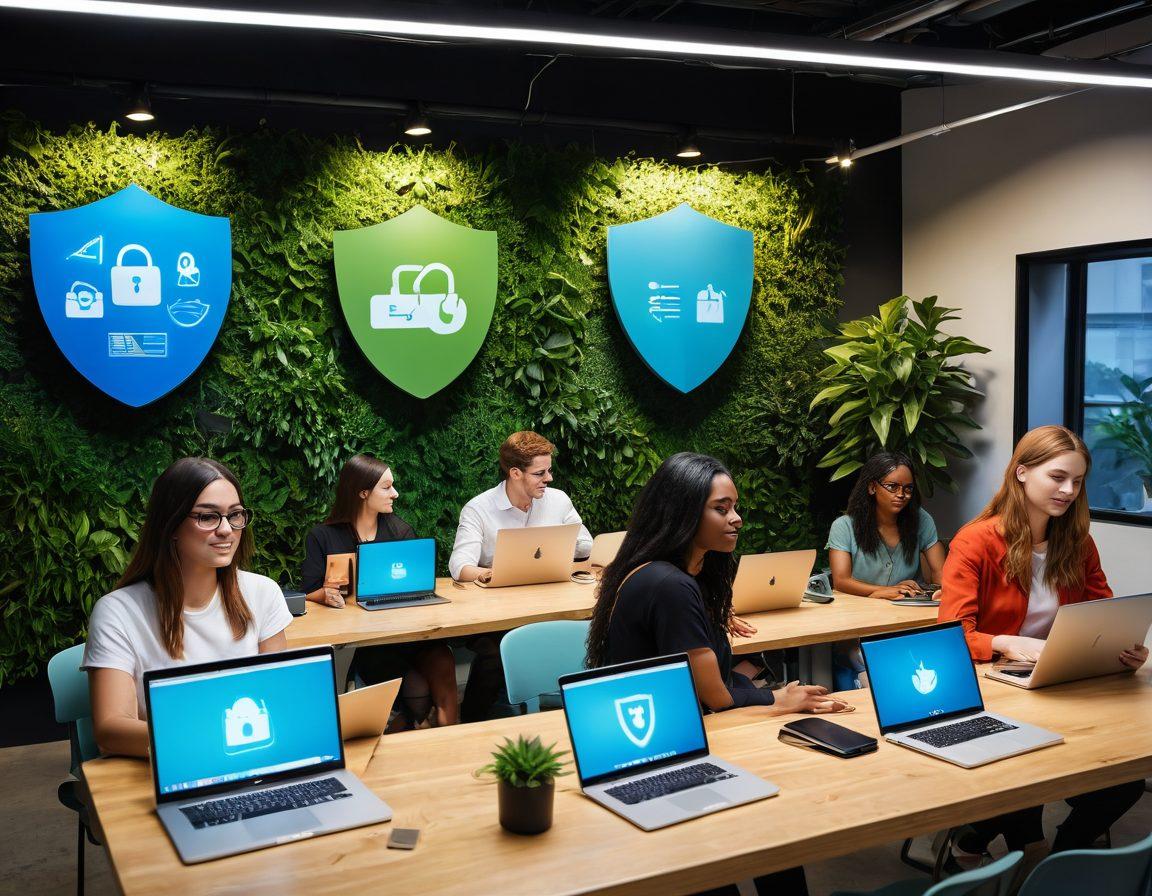 A dynamic scene showcasing a diverse group of individuals engaging with various digital devices like laptops and smartphones, surrounded by symbols of privacy like locks and shields. The setting is a modern workspace filled with greenery, representing growth and empowerment through technology. The atmosphere radiates positivity and innovation, emphasizing the theme of digital freedom. super-realistic. vibrant colors. modern design.